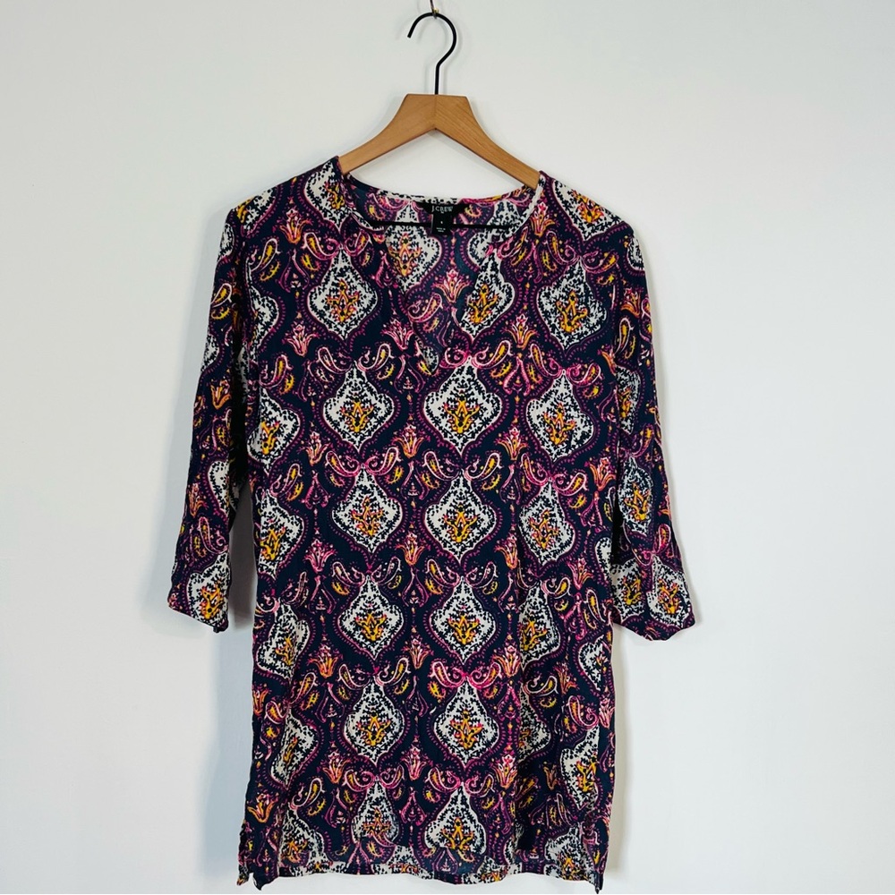J.Crew Pullover Hi Low Tunic 3/4 Sleeves Paisley Colorful Boho Vibes 100% Cotton